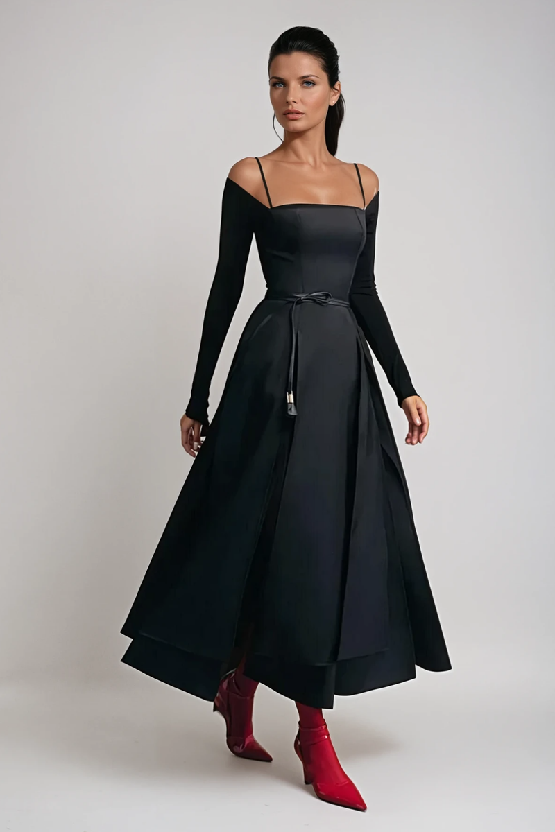 Annelien Lace Up Split Maxi Dress in Black