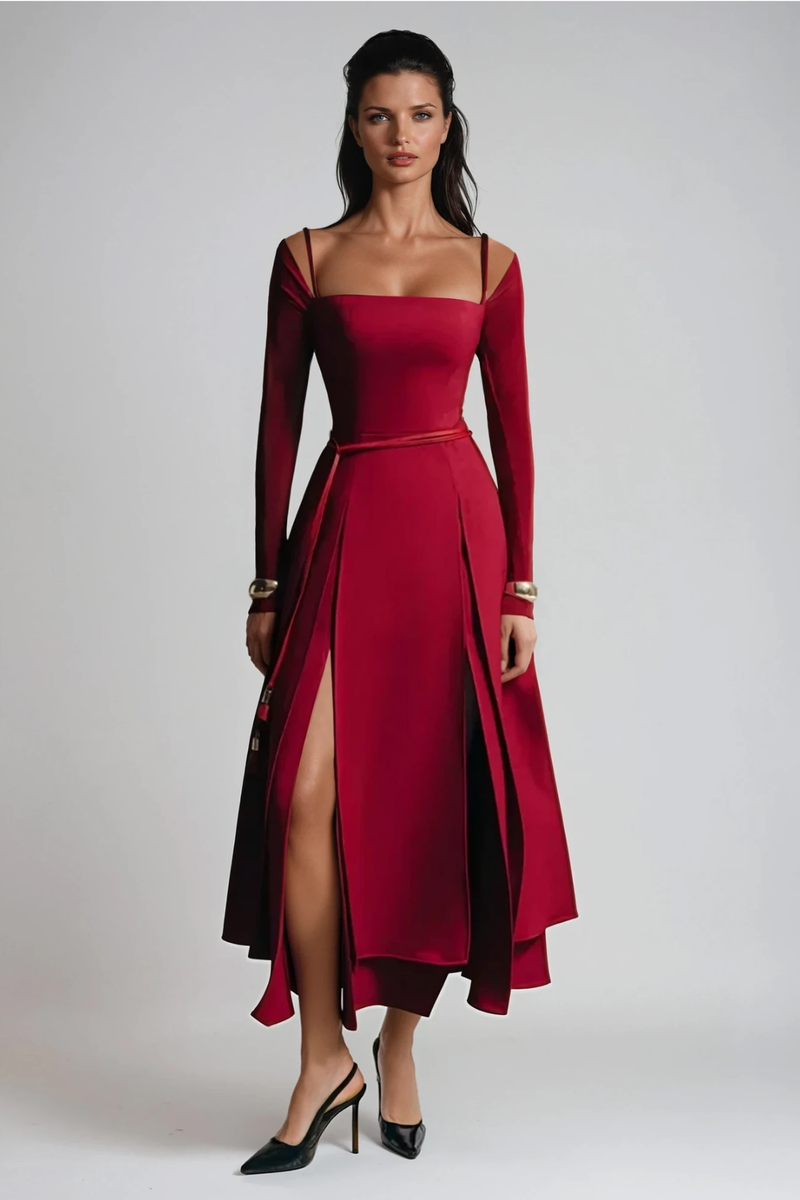 Annelien Lace Up Split Maxi Dress in Red