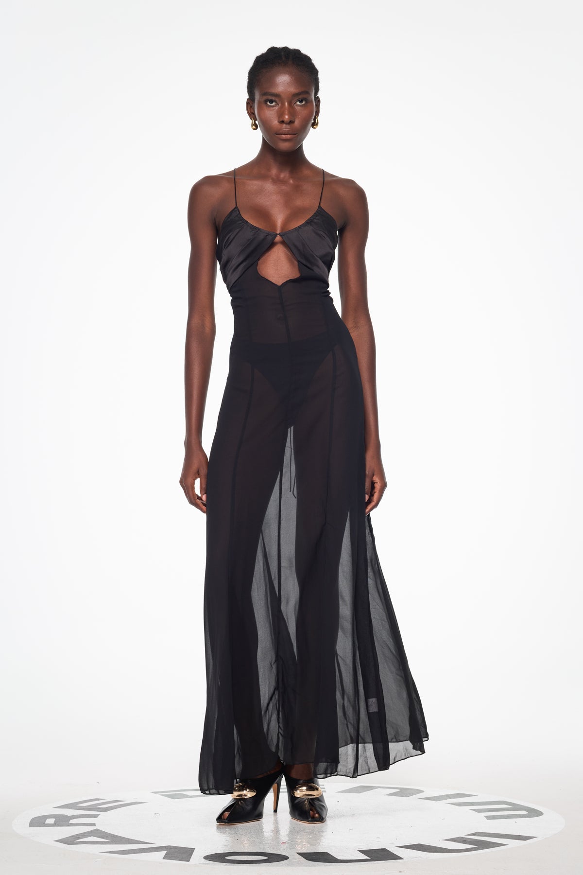 Annisa Mesh Cutout Lace Up Maxi Dress in Black