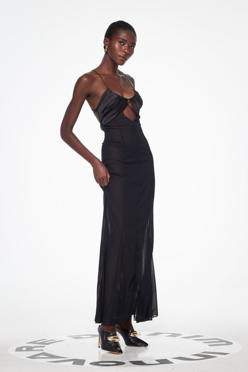 Annisa Mesh Cutout Lace Up Maxi Dress in Black