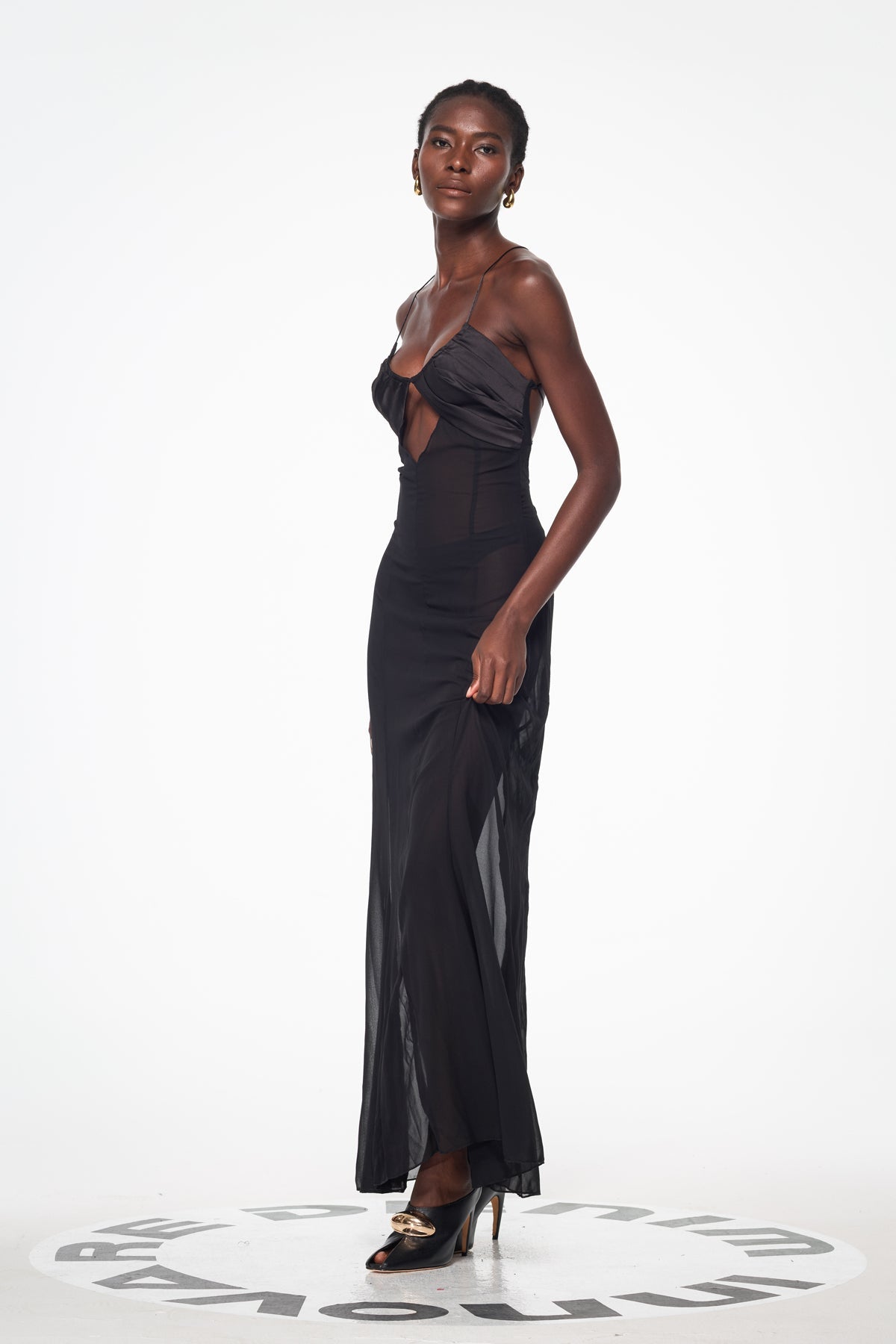 Annisa Mesh Cutout Lace Up Maxi Dress in Black