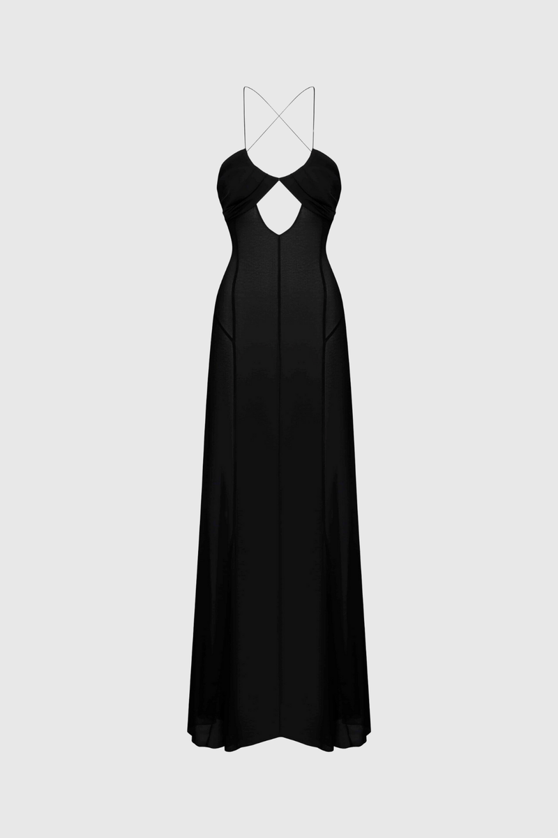 Annisa Mesh Cutout Lace Up Maxi Dress in Black