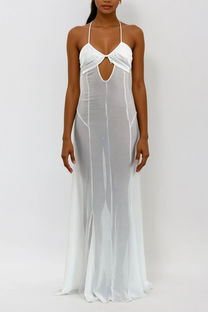 Annisa Mesh Cutout Lace Up Maxi Dress in White