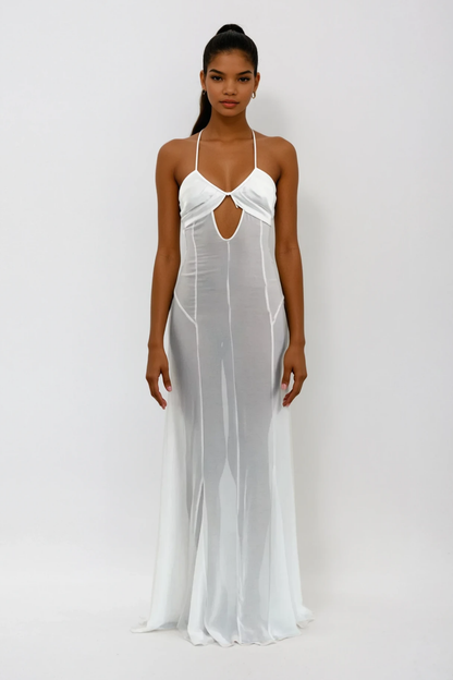 Annisa Mesh Cutout Lace Up Maxi Dress in White