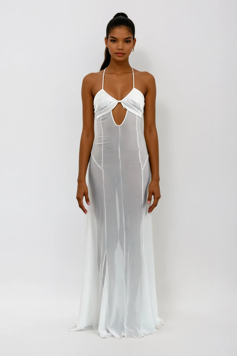 Annisa Mesh Cutout Lace Up Maxi Dress in White