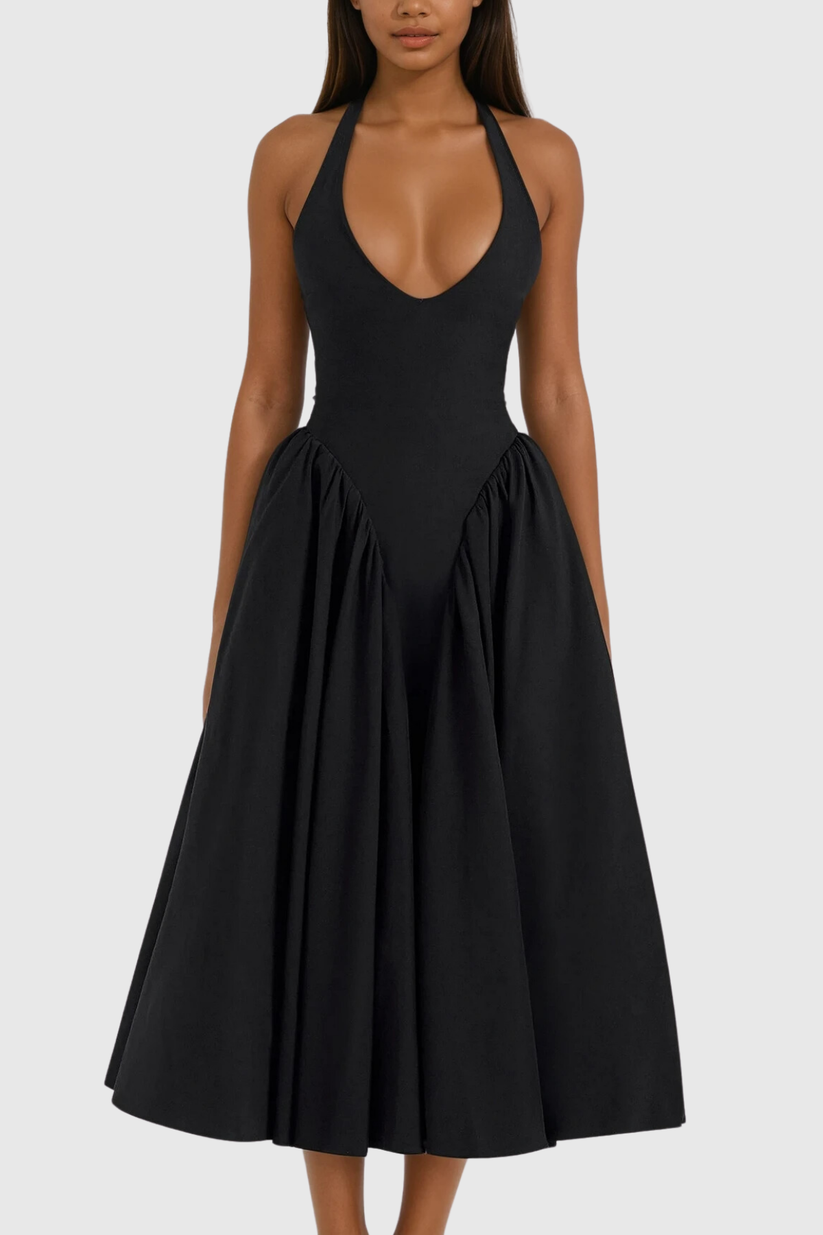 Annlea Halter Neck Bodycon Ruffle Maxi Dress in Black