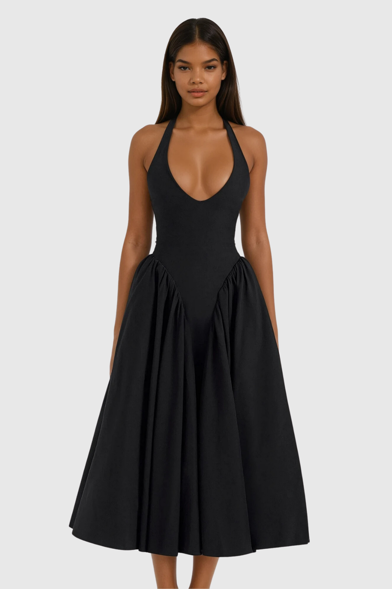 Annlea Halter Neck Bodycon Ruffle Maxi Dress in Black