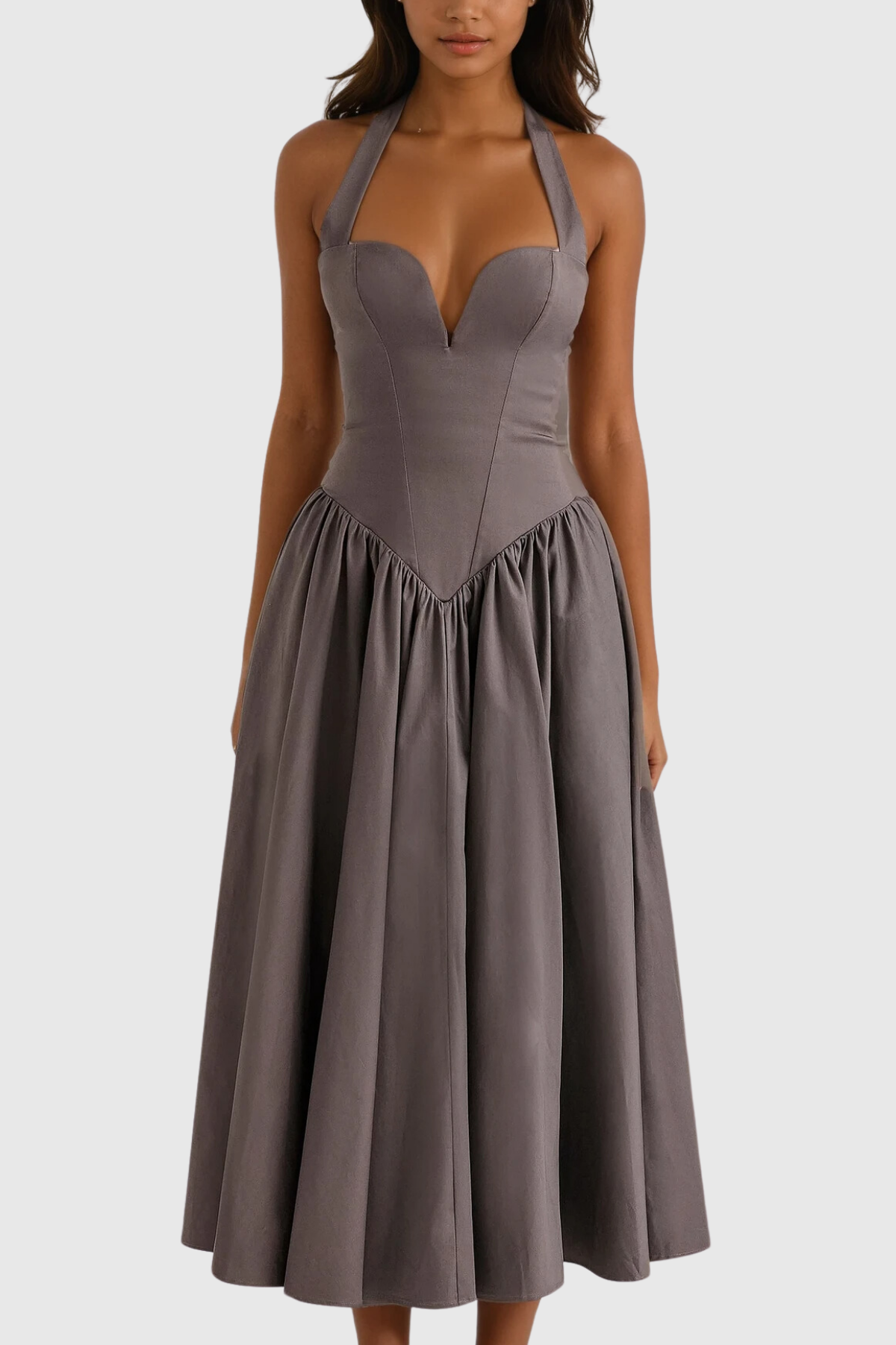 Annlea Halter Neck Bodycon Ruffle Maxi Dress in Grey