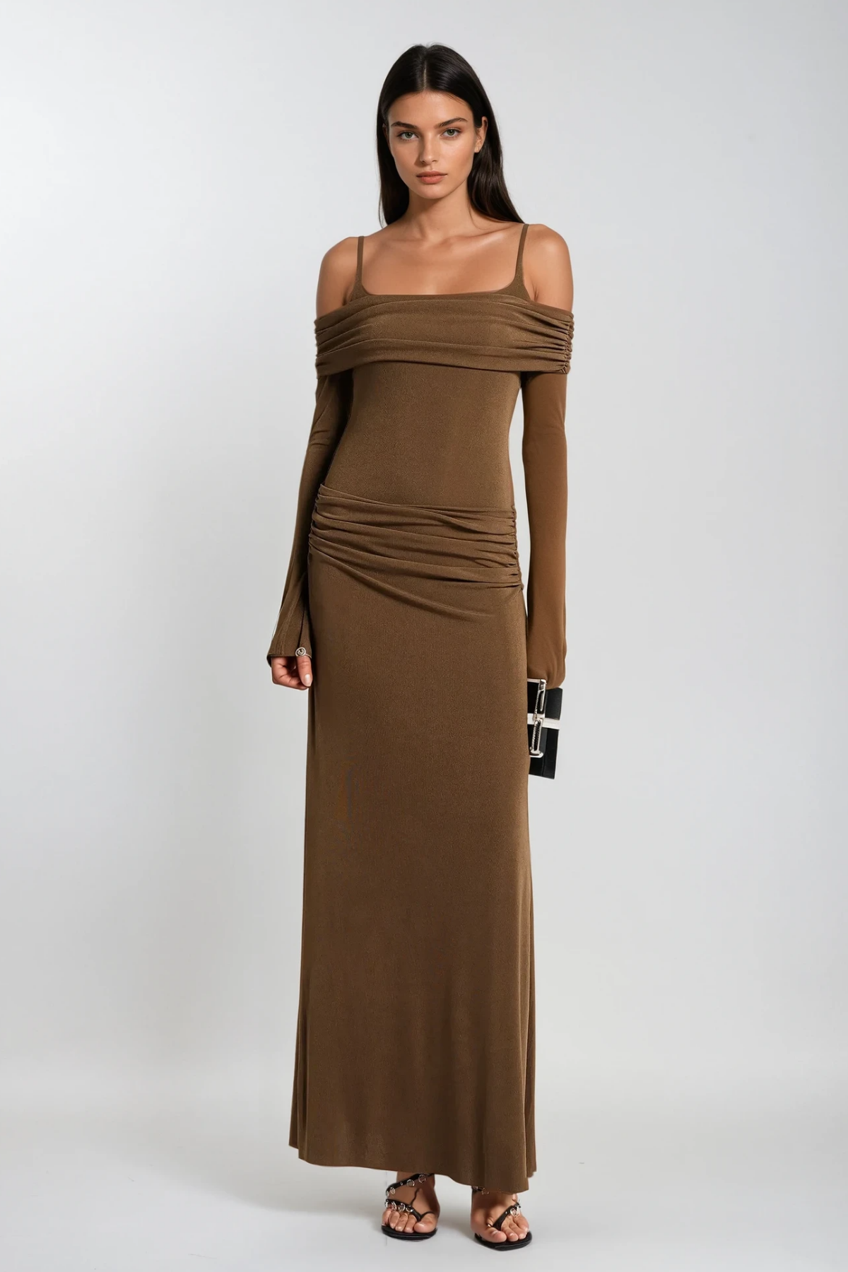 Annmarie Off Shoulder Ruch Maxi Dress in Brown