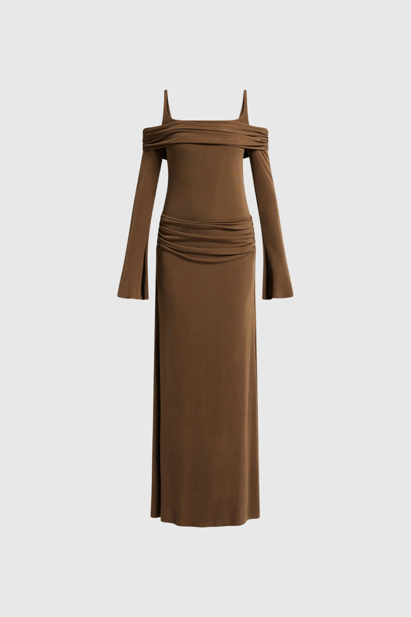 Annmarie Off Shoulder Ruch Maxi Dress in Brown