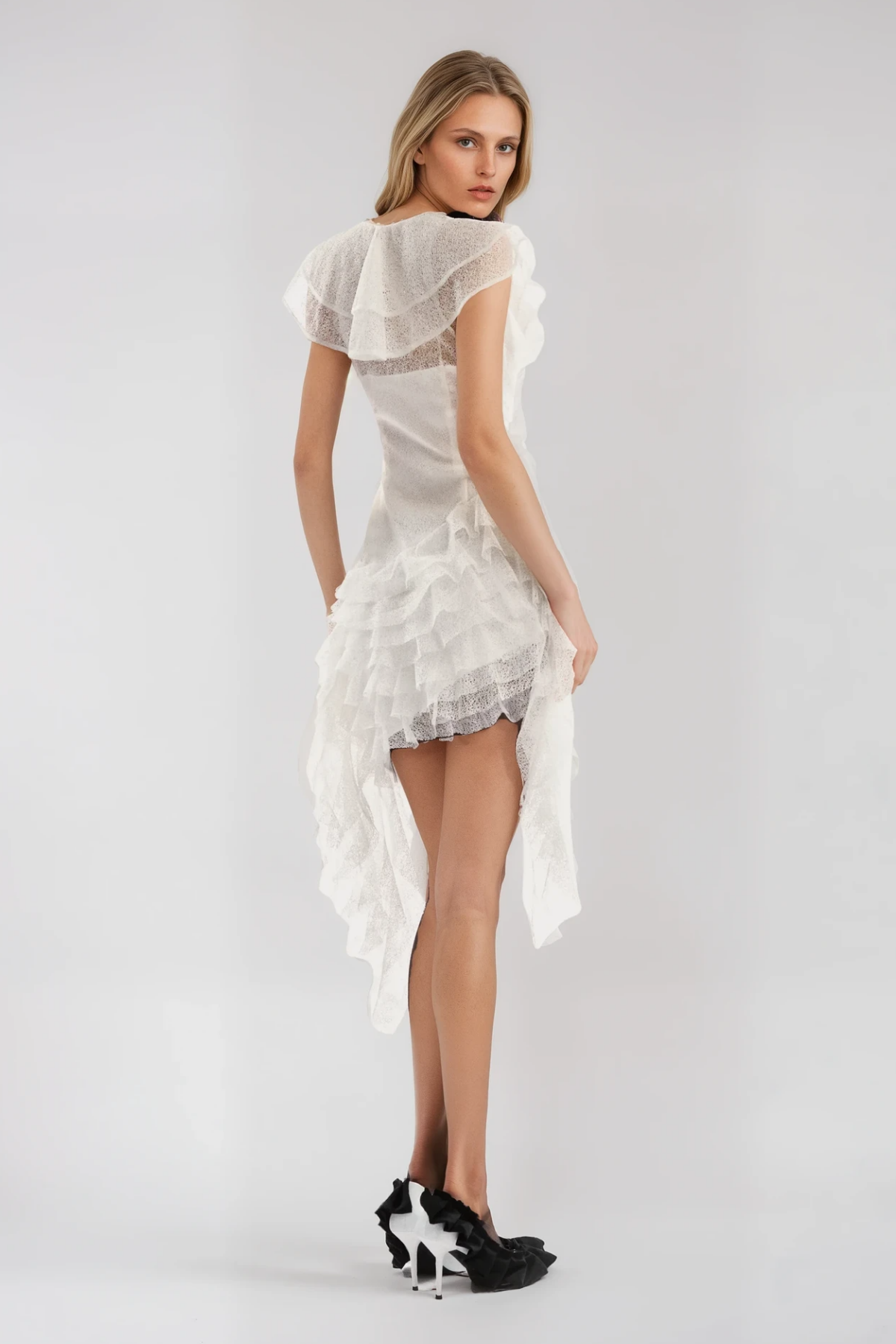 Anshu Ruffle Mesh Fringe Mini Dress