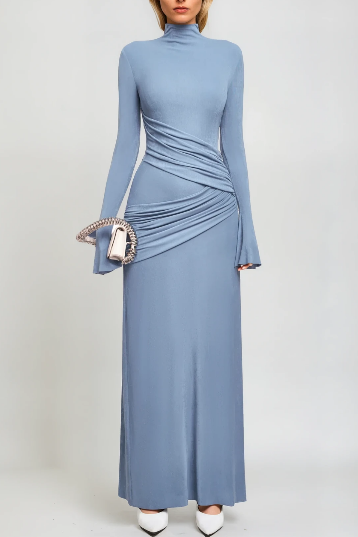 Anstice Ruch Bodycon Long Sleeve Maxi Dress in Blue