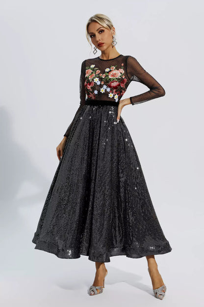 Antonella Black Embroidery Maxi Dress