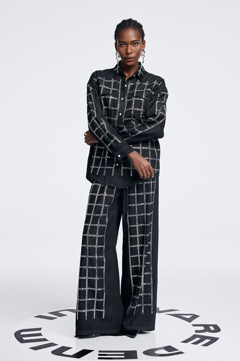 Aodh Rhinestone Grid Denim Shirt Pants Set in Black