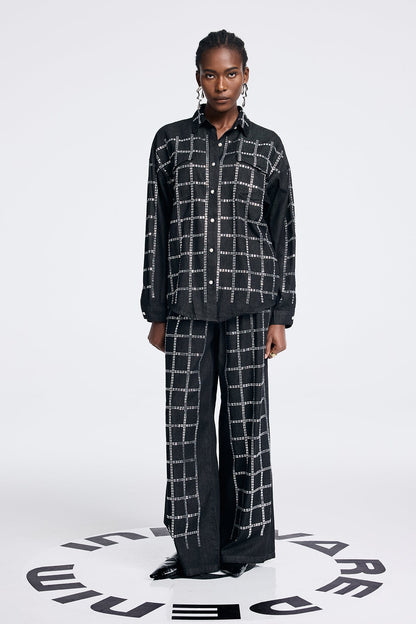 Aodh Rhinestone Grid Denim Shirt Pants Set in Black