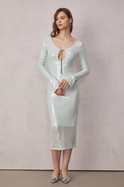 Aoibhe Long Sleeve Sequin Backless Midi Dress in Teal