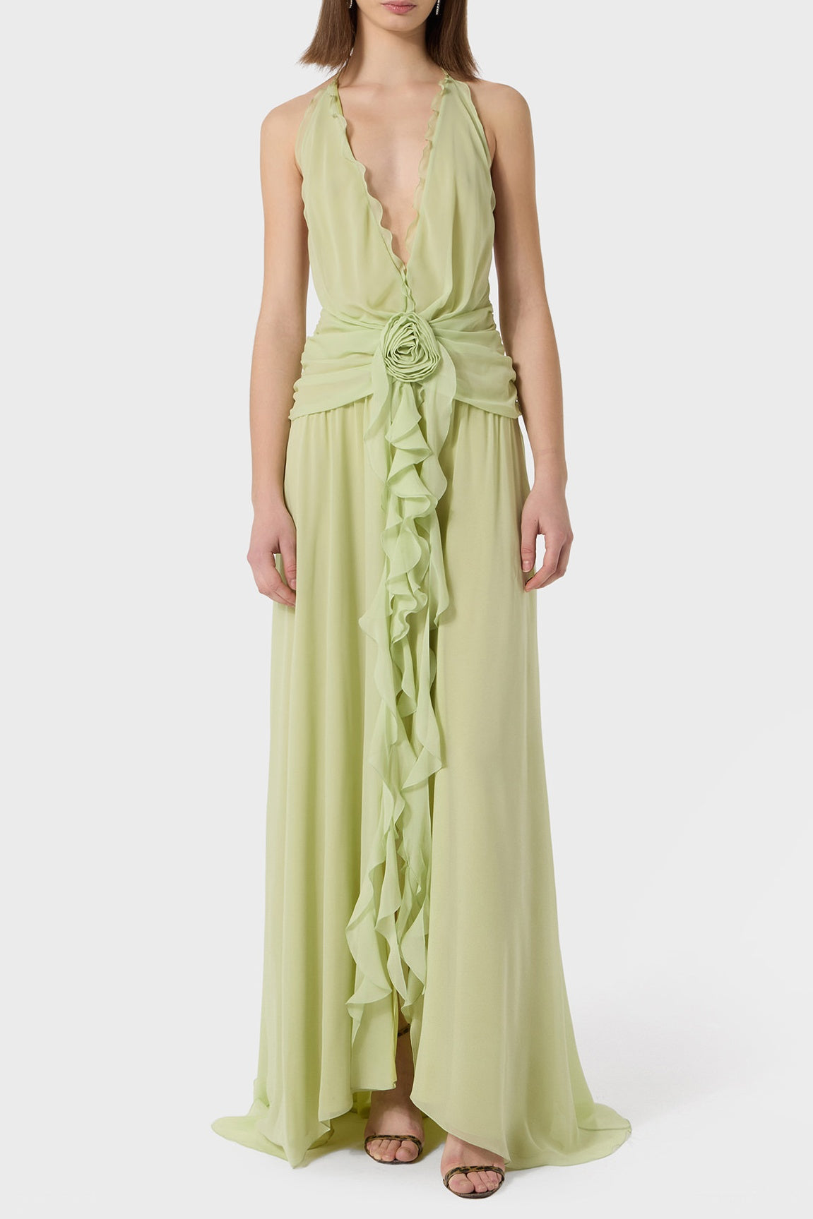 Aonaver Ruffle Halter Maxi Dress - Green