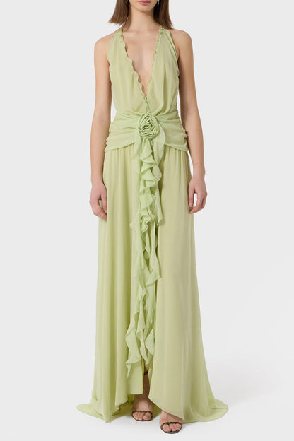 Aonaver Ruffle Halter Maxi Dress - Green