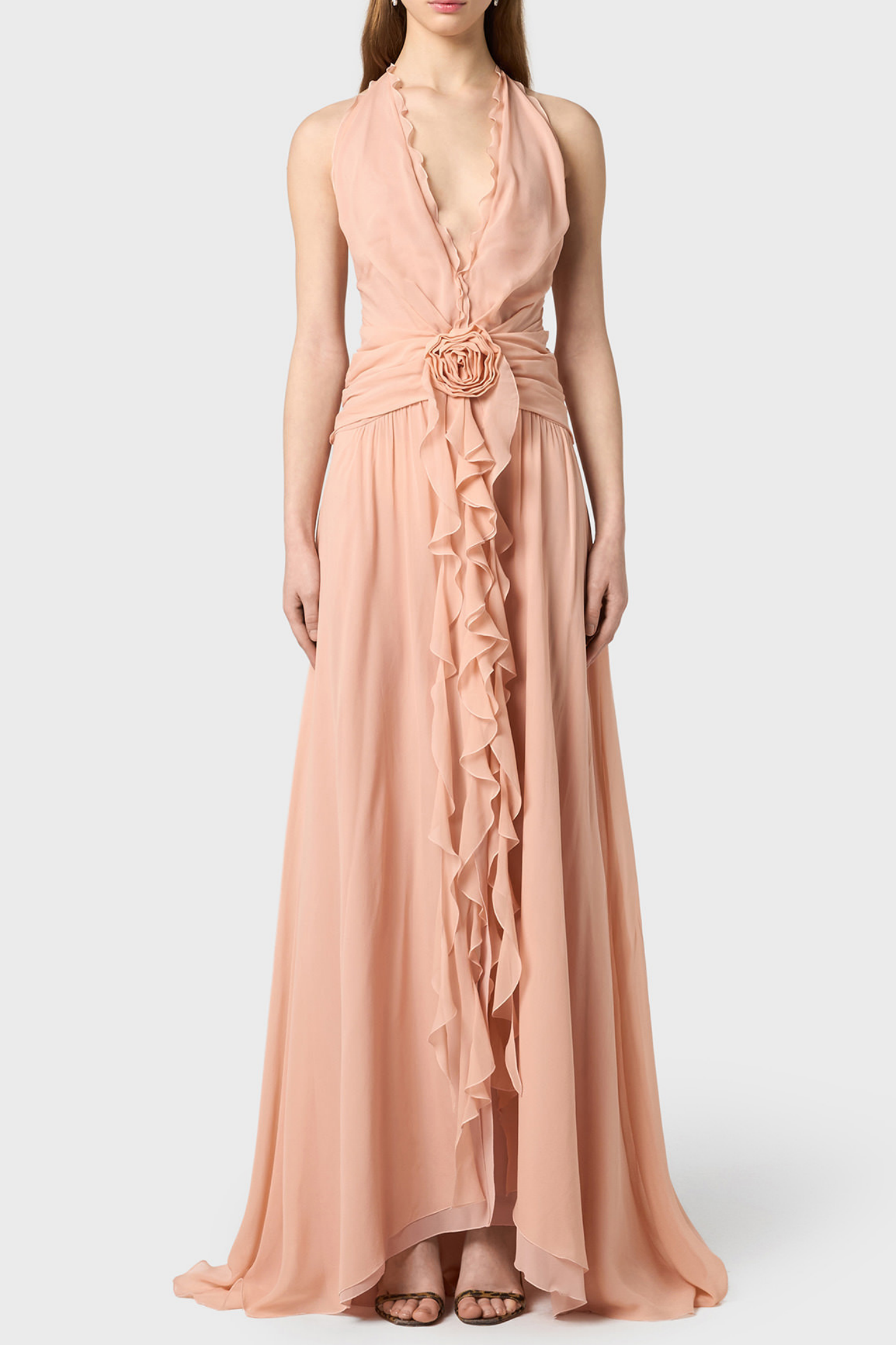 Aonaver Ruffle Halter Maxi Dress - Pink
