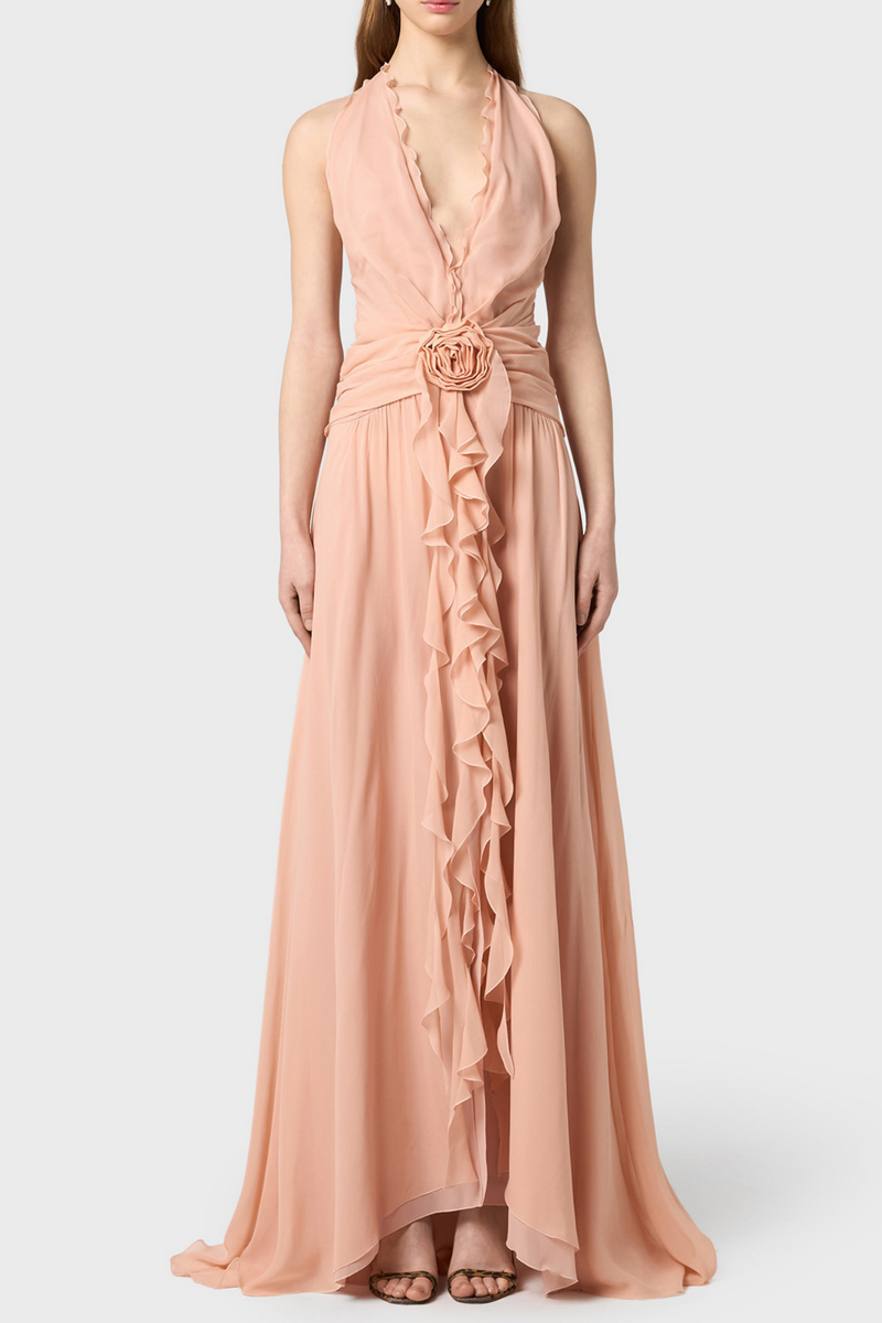 Aonaver Ruffle Halter Maxi Dress - Pink