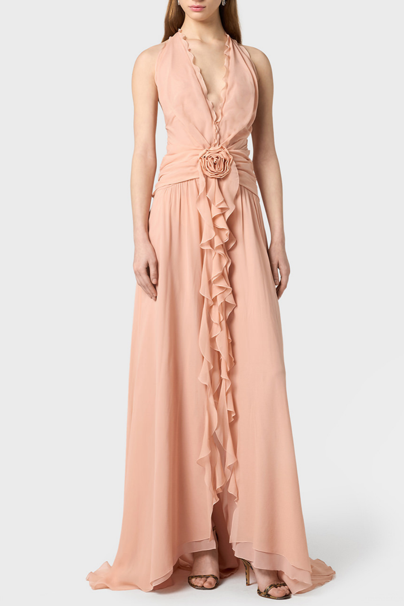 Aonaver Ruffle Halter Maxi Dress - Pink
