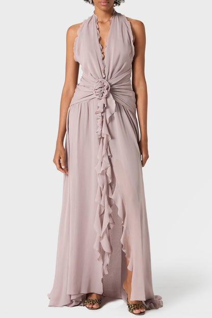 Aonaver Ruffle Halter Maxi Dress - Purple