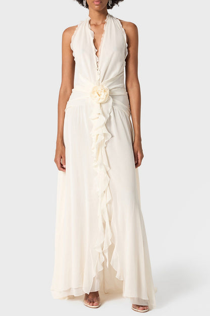 Aonaver Ruffle Halter Maxi Dress - White