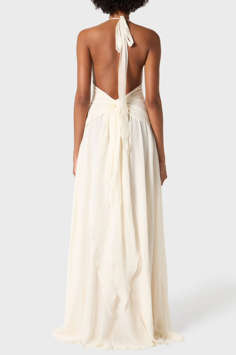 Aonaver Ruffle Halter Maxi Dress - White