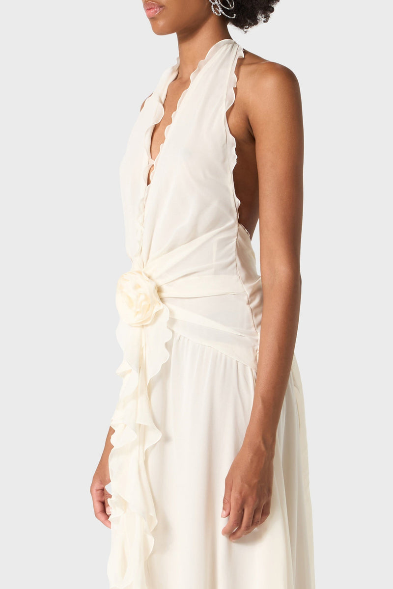 Aonaver Ruffle Halter Maxi Dress - White
