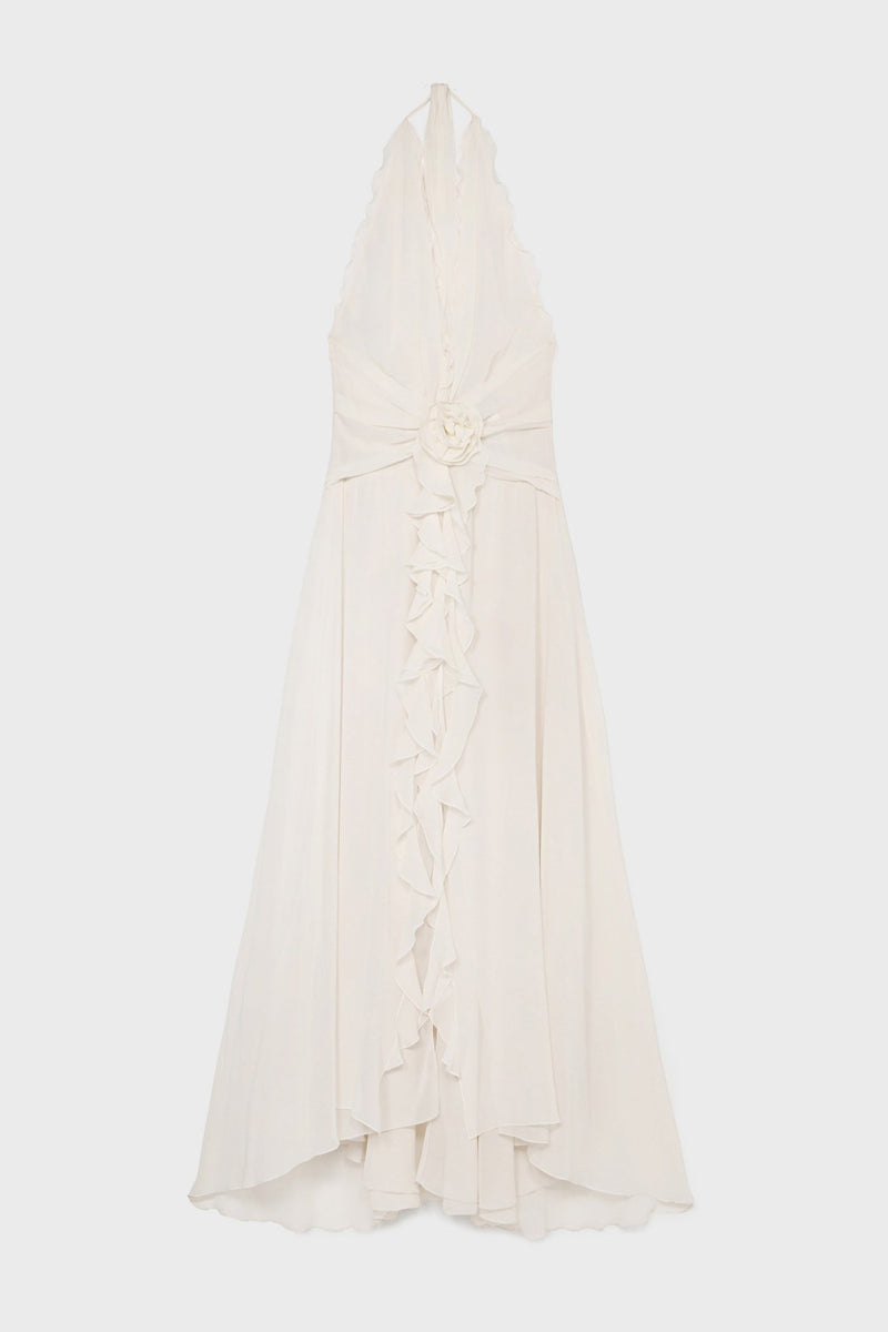Aonaver Ruffle Halter Maxi Dress - White