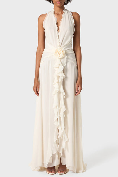 Aonaver Ruffle Halter Maxi Dress - White