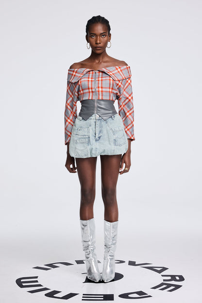 Apichu Asymmetric Pocket Short Denim Skirt
