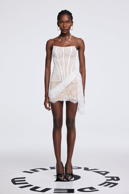 Apolinary Lace Strapless Corset Fringe Mini Dress