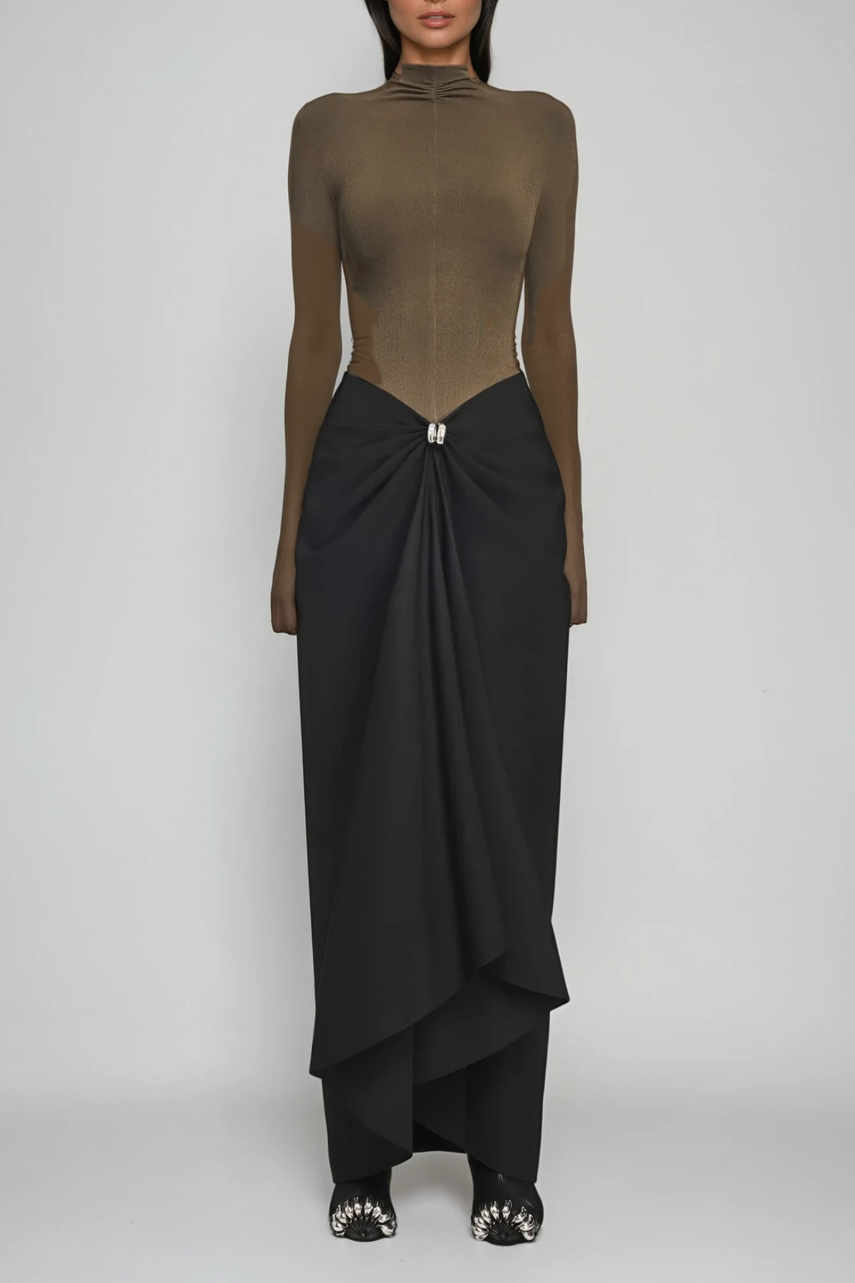 Apria Bodycon Deconstruct Ruch Maxi Dress in Brown
