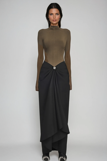 Apria Bodycon Deconstruct Ruch Maxi Dress in Brown