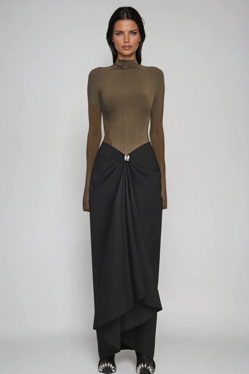 Apria Bodycon Deconstruct Ruch Maxi Dress in Brown