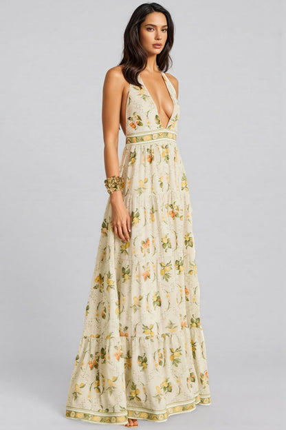 Normas Backless Printed V-neck Maxi Dress