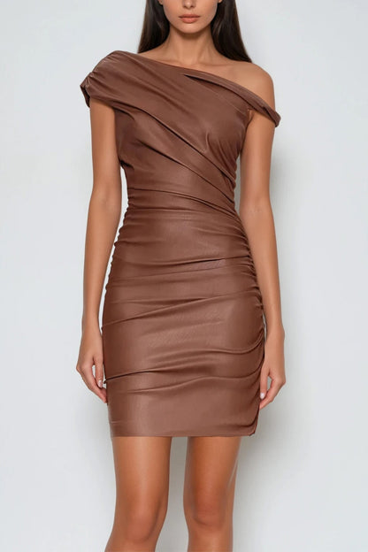 Aquaria Ruch Twist Asymmetric Leather Mini Dress in Brown