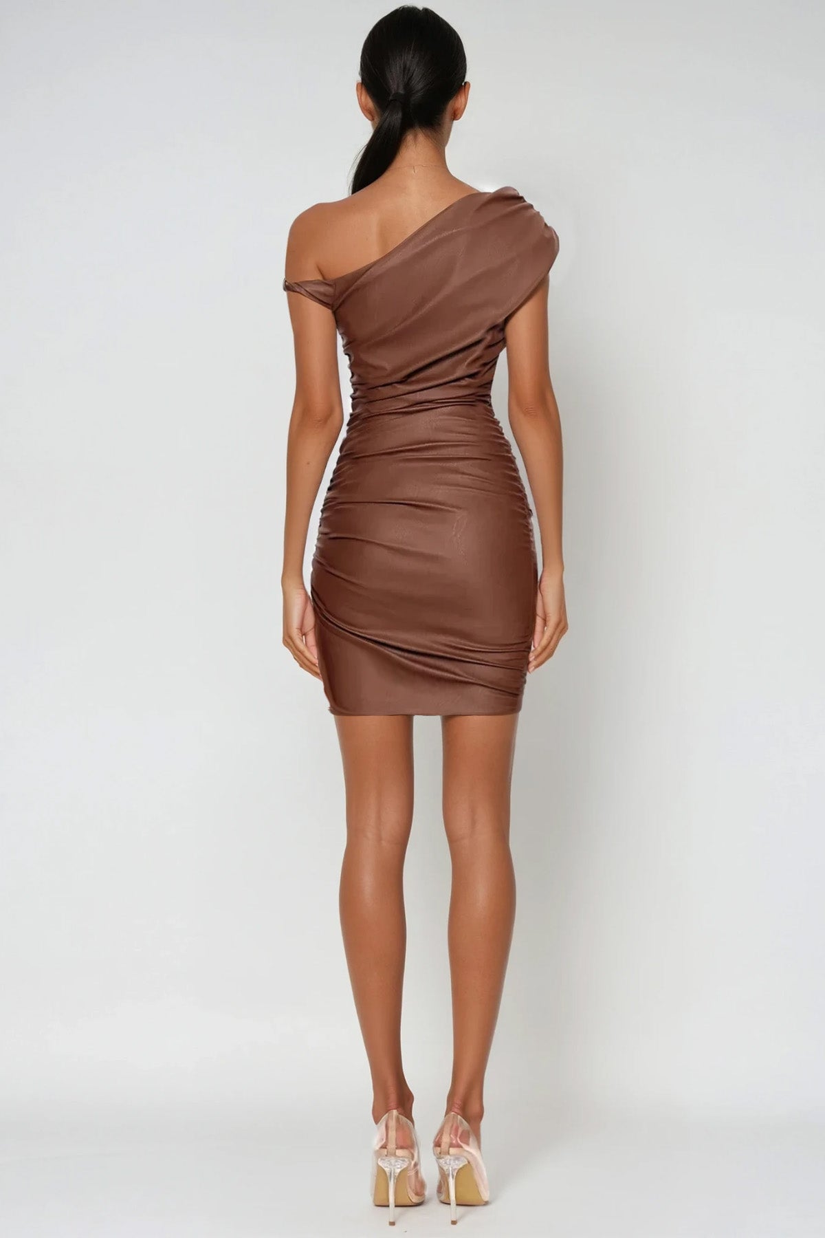 Aquaria Ruch Twist Asymmetric Leather Mini Dress in Brown