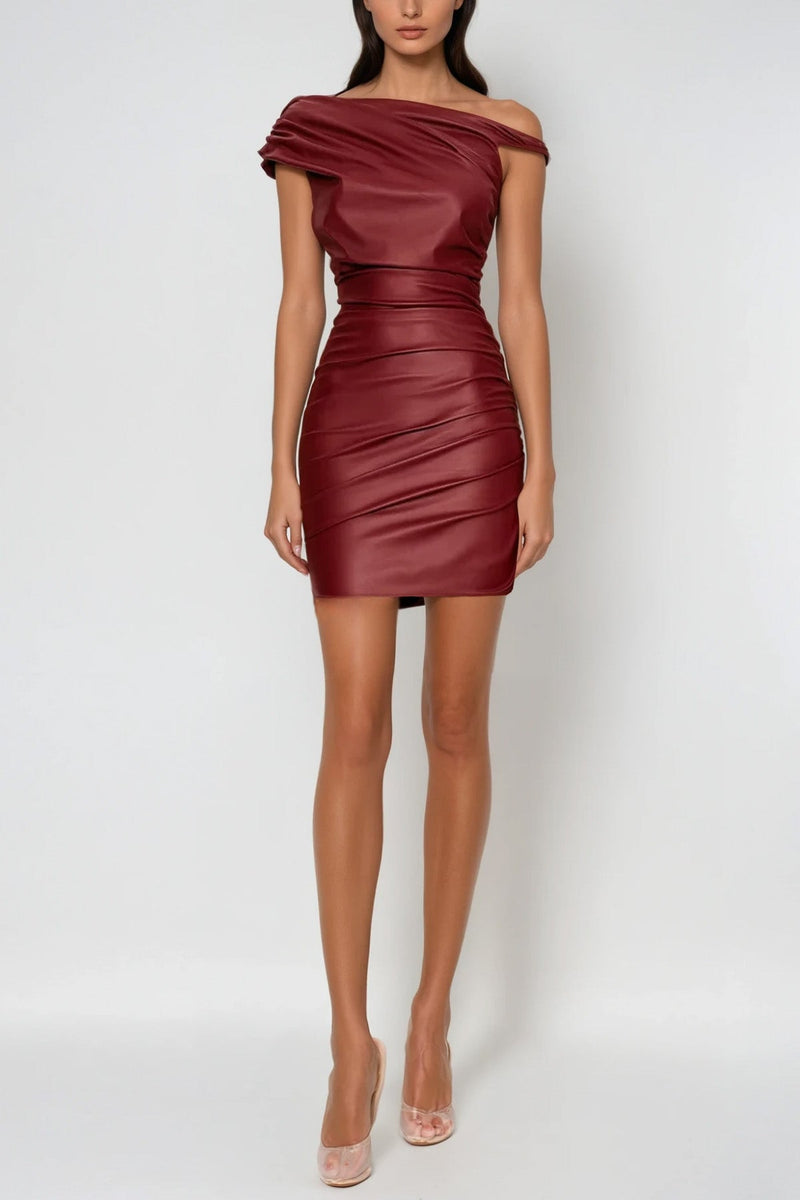 Aquaria Ruch Twist Asymmetric Leather Mini Dress in Red