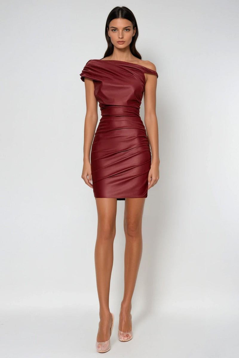 Aquaria Ruch Twist Asymmetric Leather Mini Dress in Red