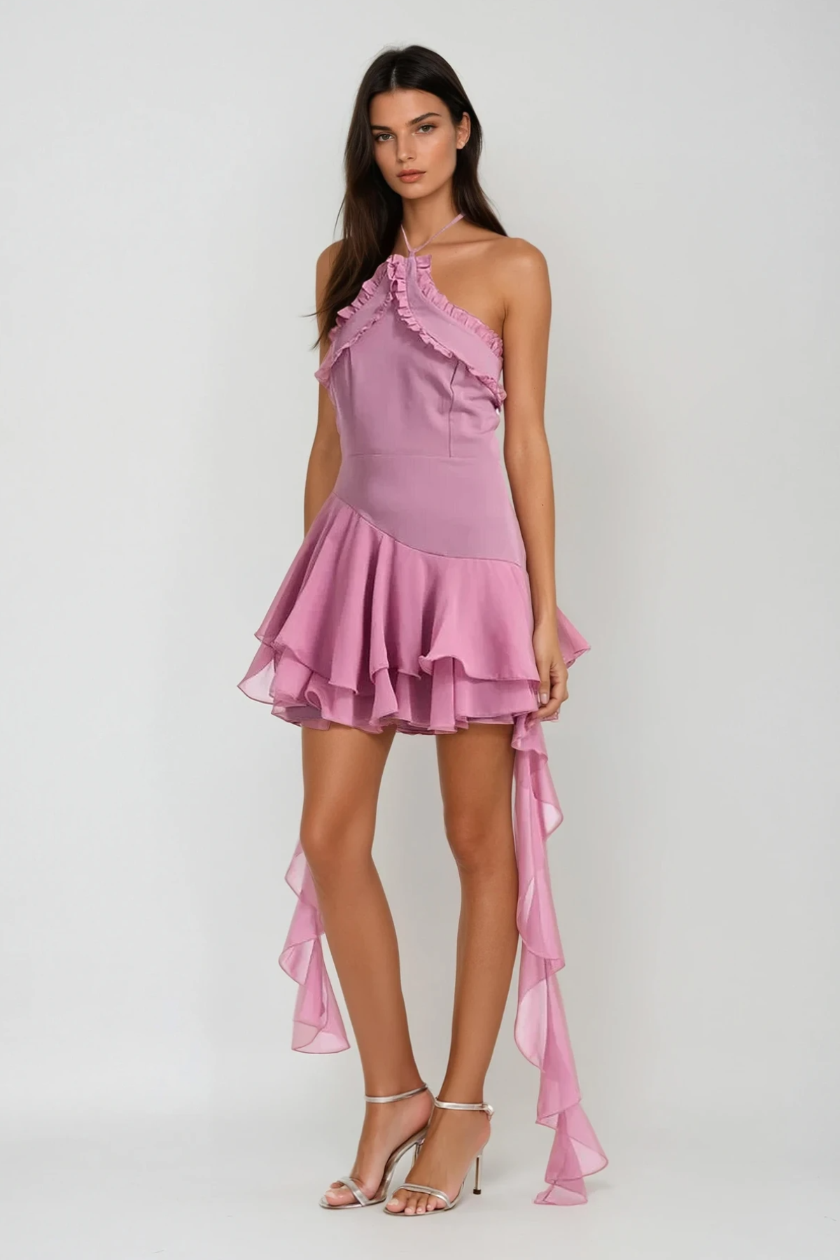 Aracely Halter Neck Mesh Ruffle Fringe Mini Dress in Pink