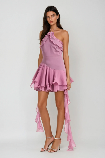 Aracely Halter Neck Mesh Ruffle Fringe Mini Dress in Pink