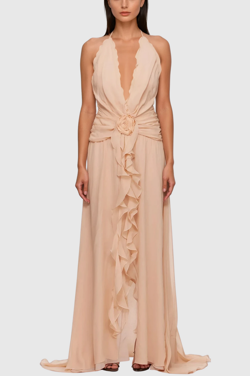Aradhya Flower Ruffle Halter Neck Mesh Maxi Dress in Pink