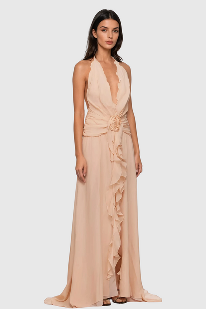 Aradhya Flower Ruffle Halter Neck Mesh Maxi Dress in Pink