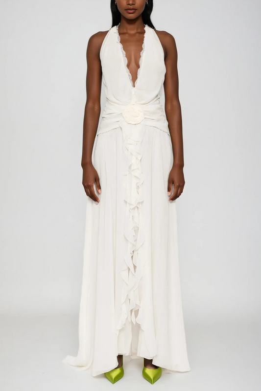 Aradhya Flower Ruffle Halter Neck Mesh Maxi Dress in White