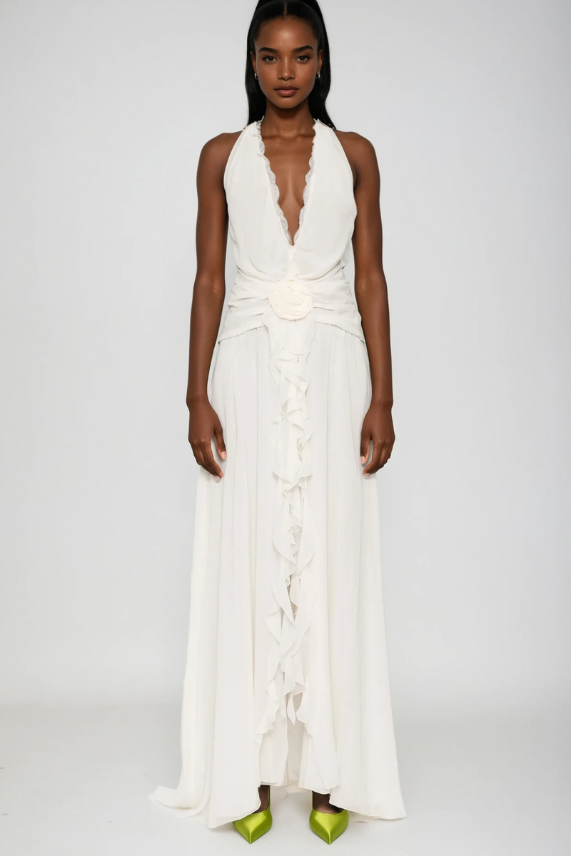 Aradhya Flower Ruffle Halter Neck Mesh Maxi Dress in White