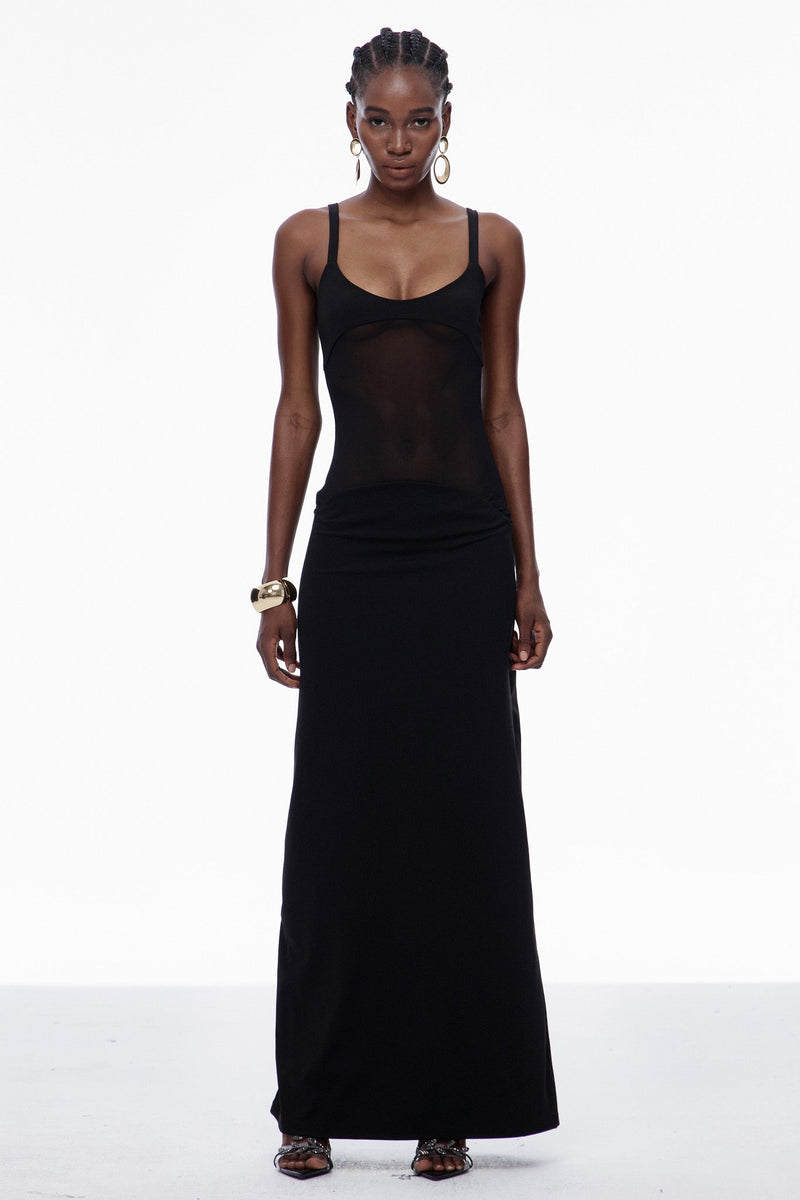 Aram Mesh Spaghetti Sleeveless Maxi Dress in Black