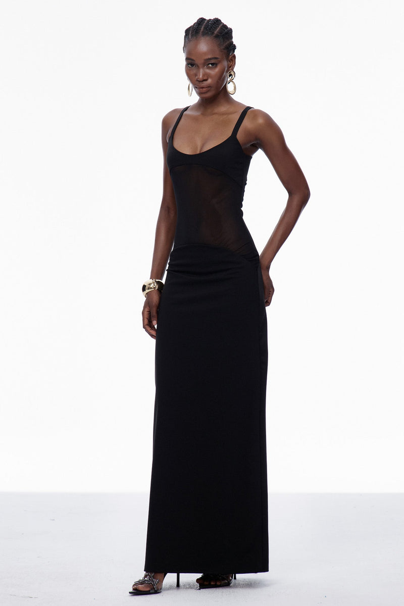 Aram Mesh Spaghetti Sleeveless Maxi Dress in Black