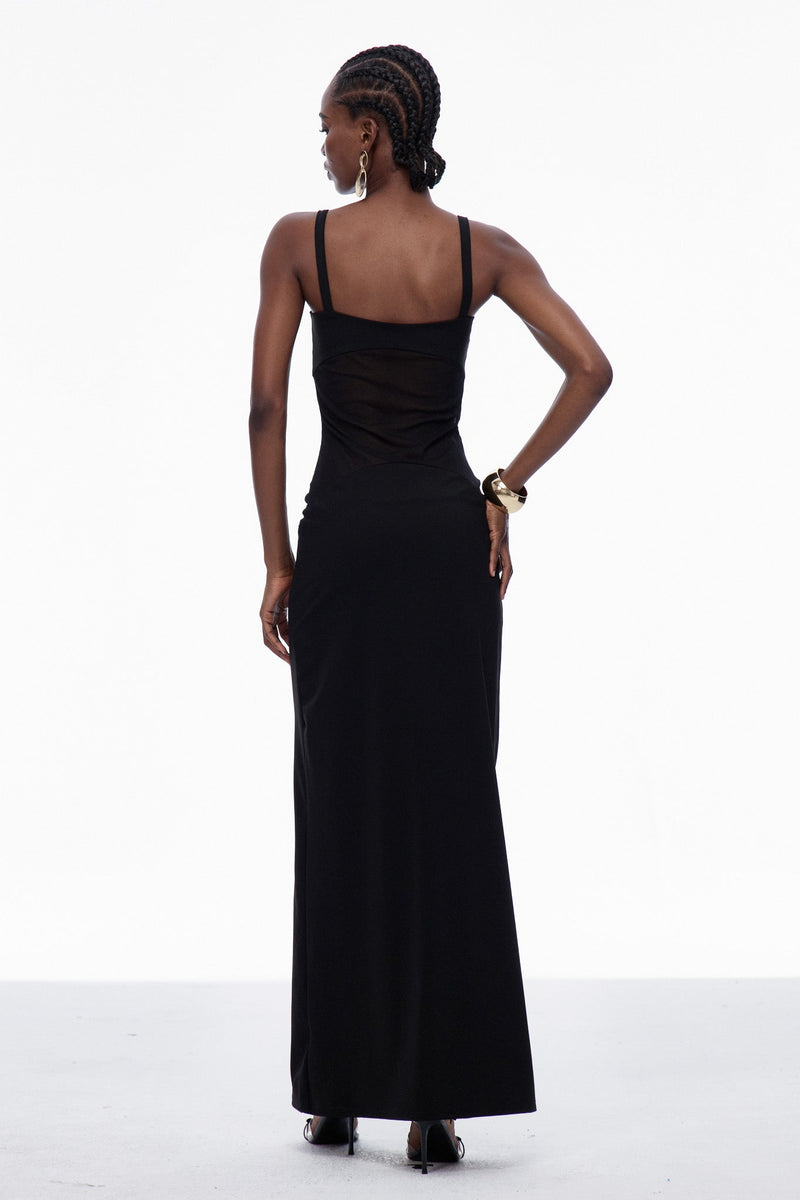 Aram Mesh Spaghetti Sleeveless Maxi Dress in Black